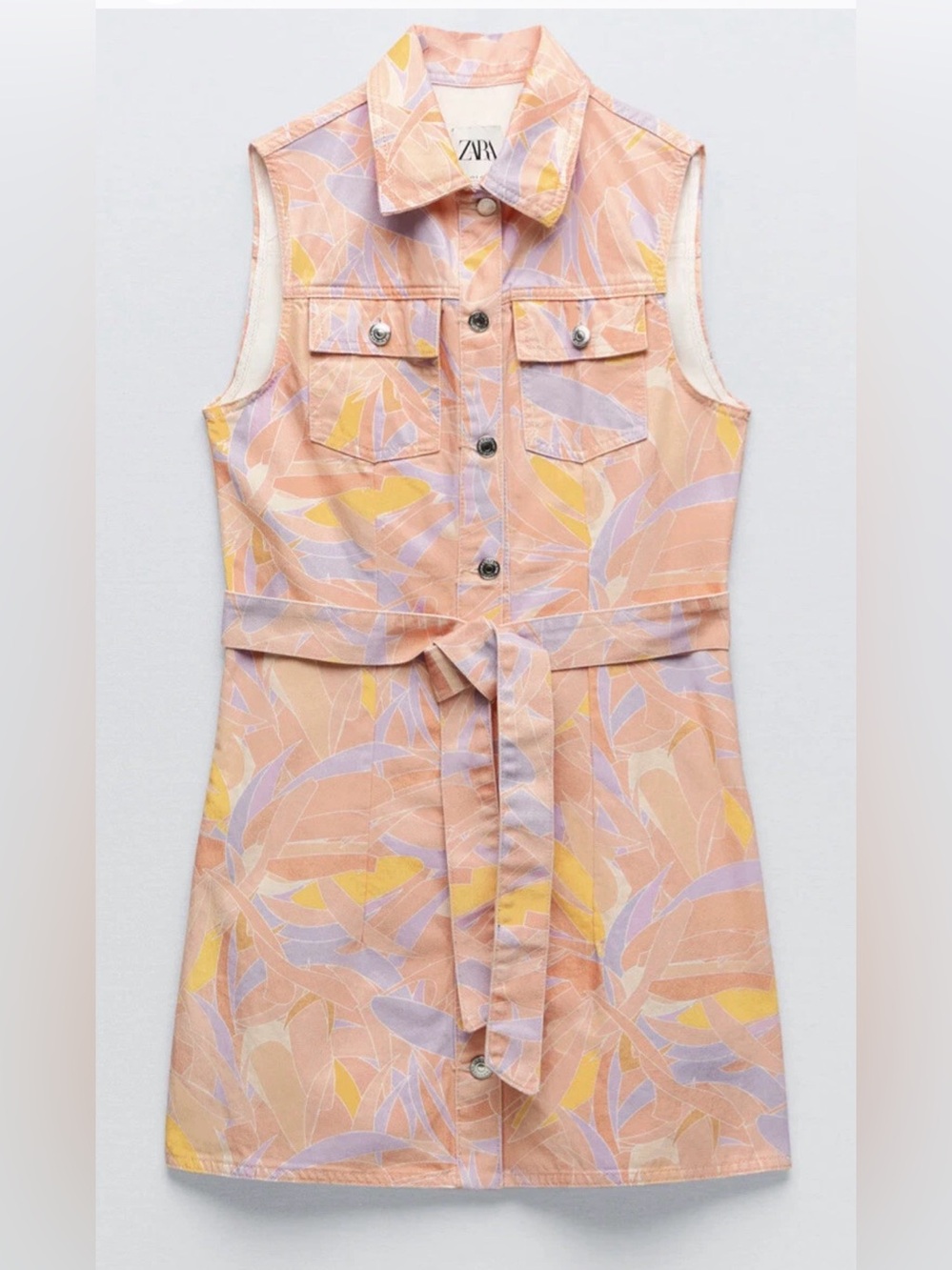 ZARA Peachy Abstract Leaf-Print Sleeveless Denim Shirt Dress Size Small